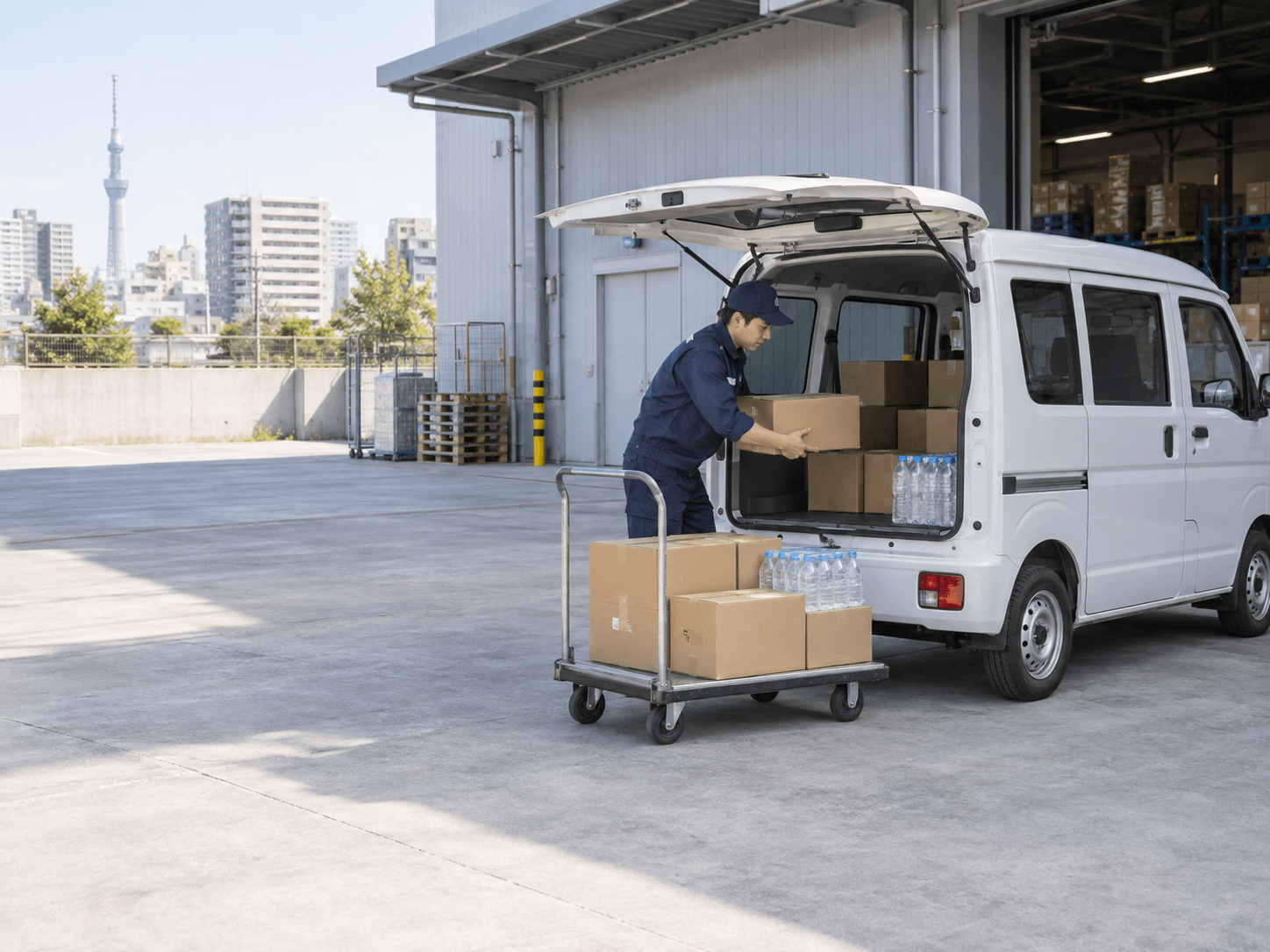 軽バンのそばで配送する荷物を確認するスタッフ