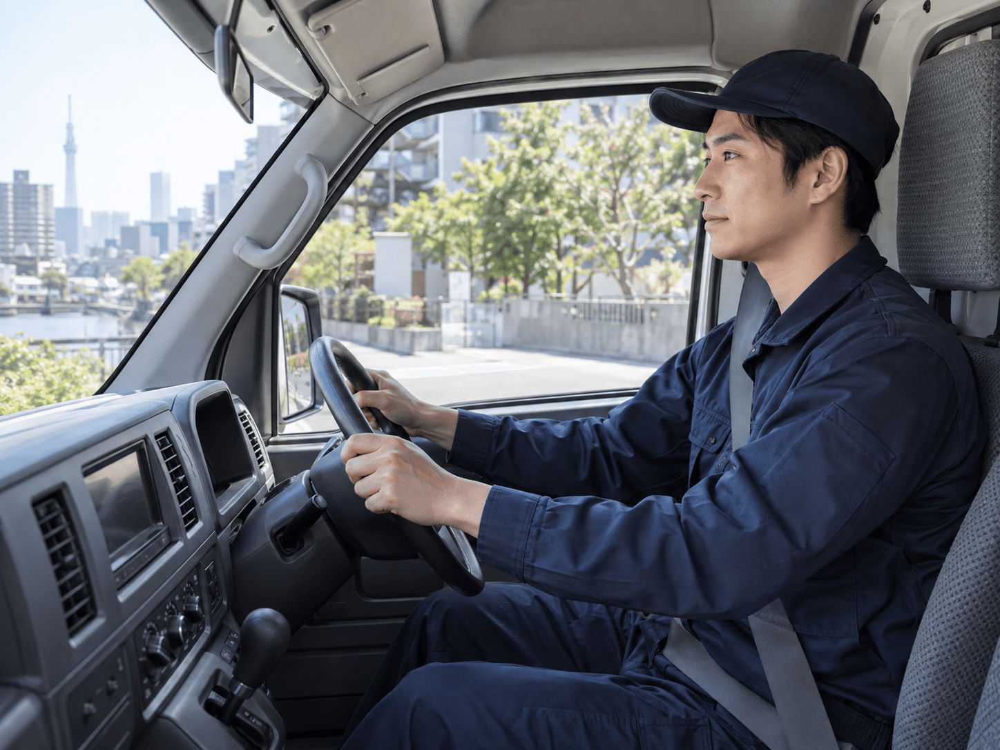 配送車両で出発準備をするスタッフ